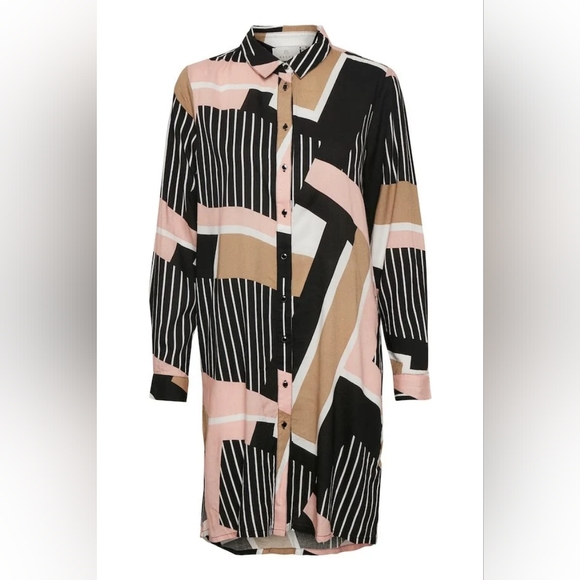 KAFFE KAverena SHIRT DRESS Geometric Print Long Sleeve Button Down Womens Sz 34 - Picture 2 of 8